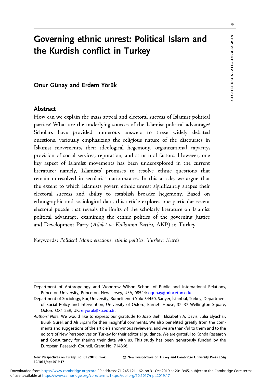 Governing Ethnic Unrest: Political Islam and the Kurdish Conflict In