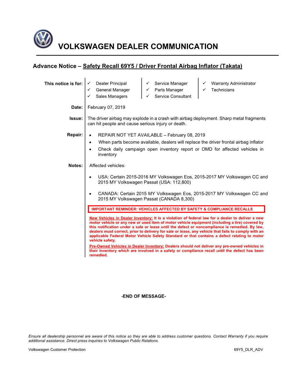 Volkswagen Dealer Communication