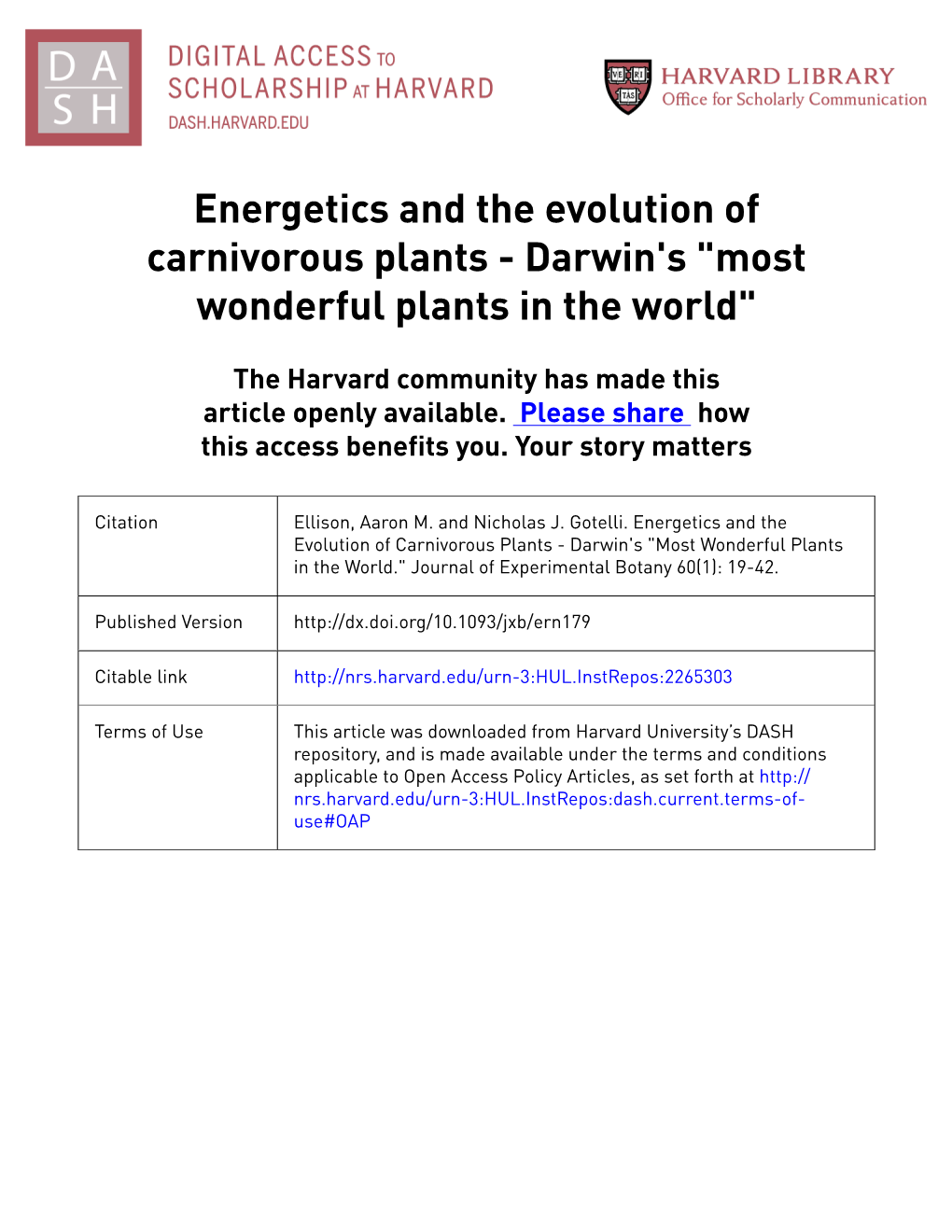 Energetics and the Evolution of Carnivorous Plants - Darwin's 