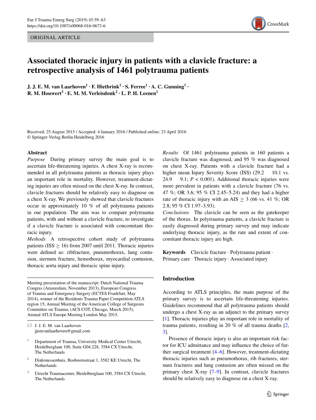 Associated Thoracic Injury in Patients with a Clavicle Fracture: a Retrospective Analysis of 1461 Polytrauma Patients