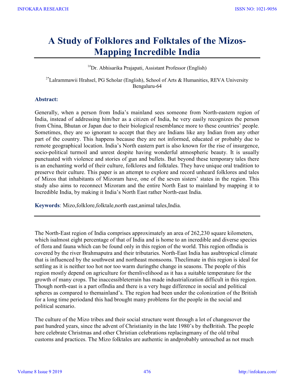 A Study of Folklores and Folktales of the Mizos- Mapping Incredible India