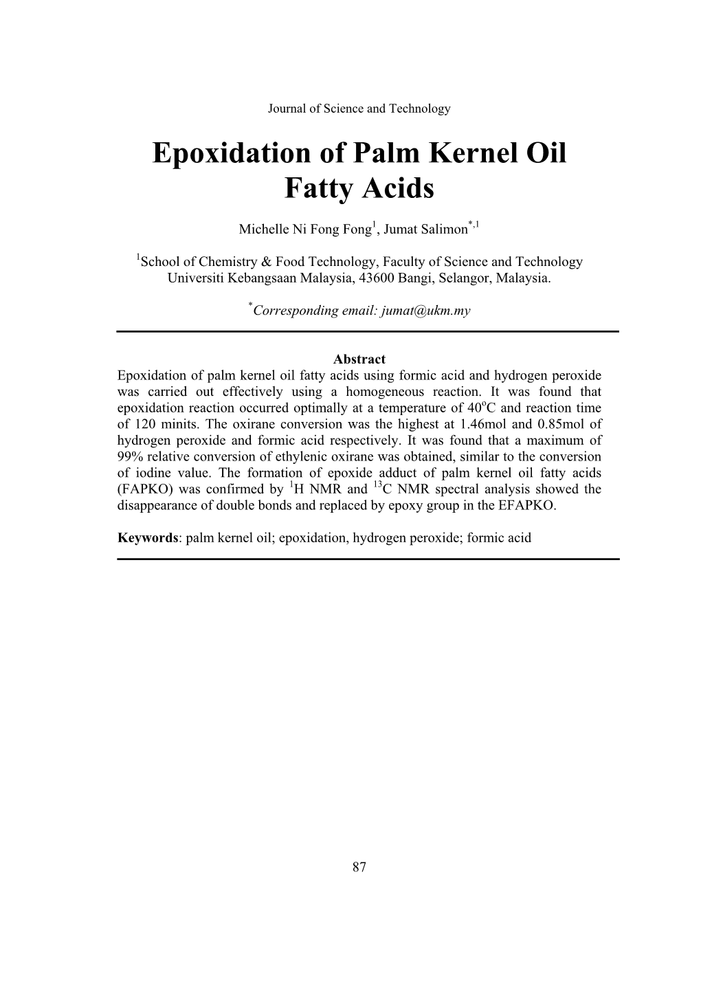 Epoxidation of Palm Kernel Oil Fatty Acids