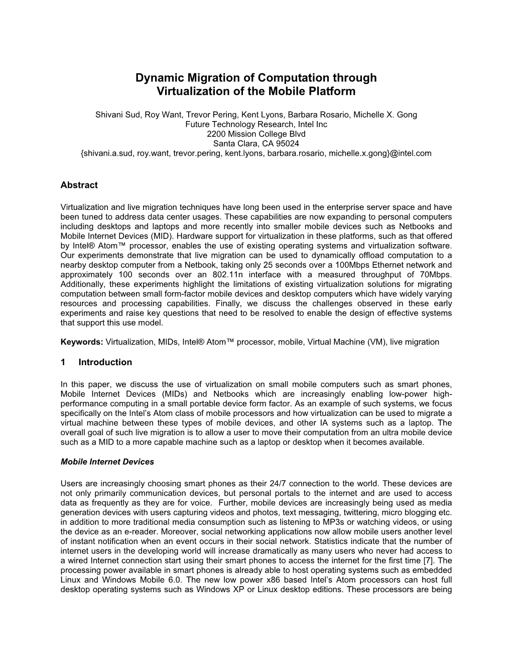 Dynamic Migration of Computation Through Virtualization of the Mobile Platform