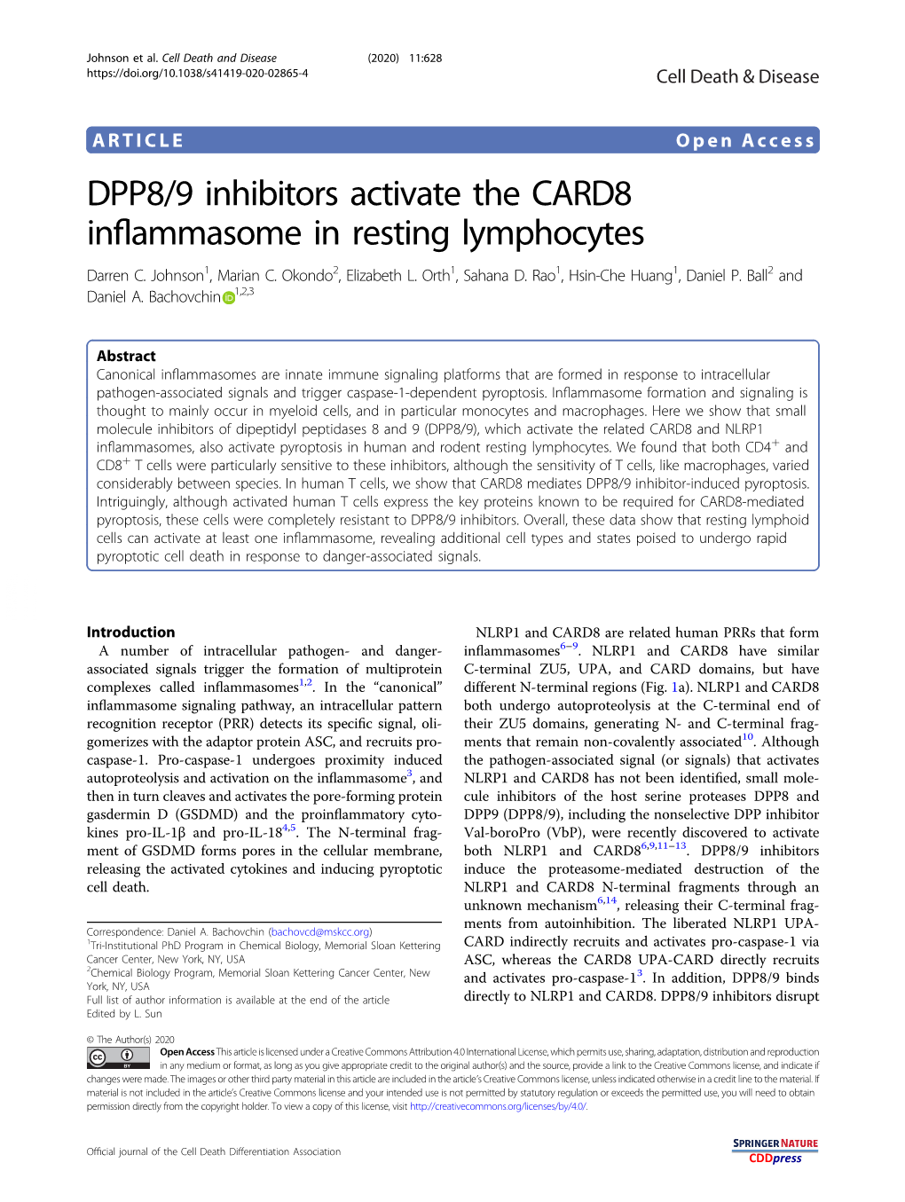 DPP8/9 Inhibitors Activate the CARD8 Inflammasome in Resting Lymphocytes