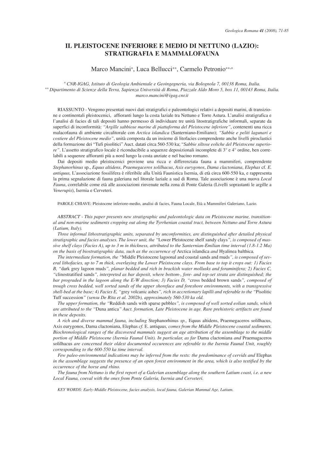 Il Pleistocene Inferiore E Medio Di Nettuno (Lazio): Stratigrafia E Mammalofauna
