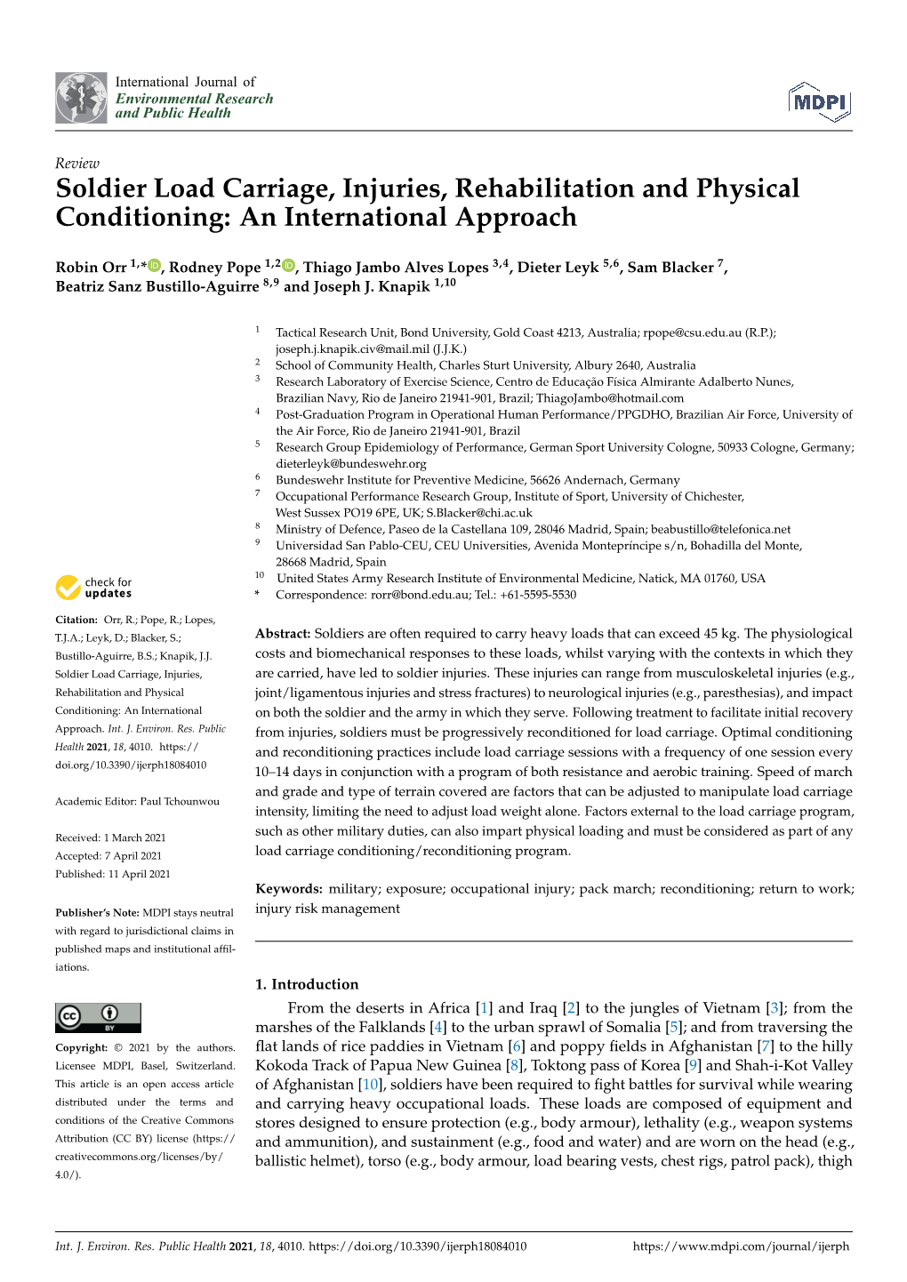 Soldier Load Carriage, Injuries, Rehabilitation and Physical Conditioning: an International Approach