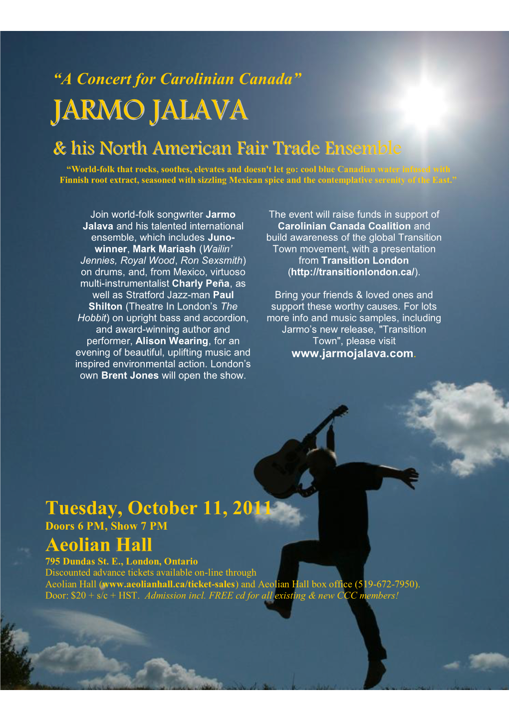 Jarmo Jalava & His North American Fair Trade Ensemble Southern Ontario “Small World” Tour Sept
