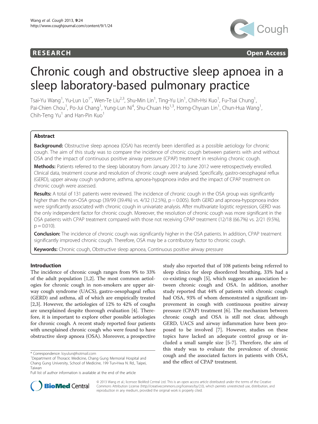 Chronic Cough and Obstructive Sleep Apnoea in a Sleep Laboratory-Based