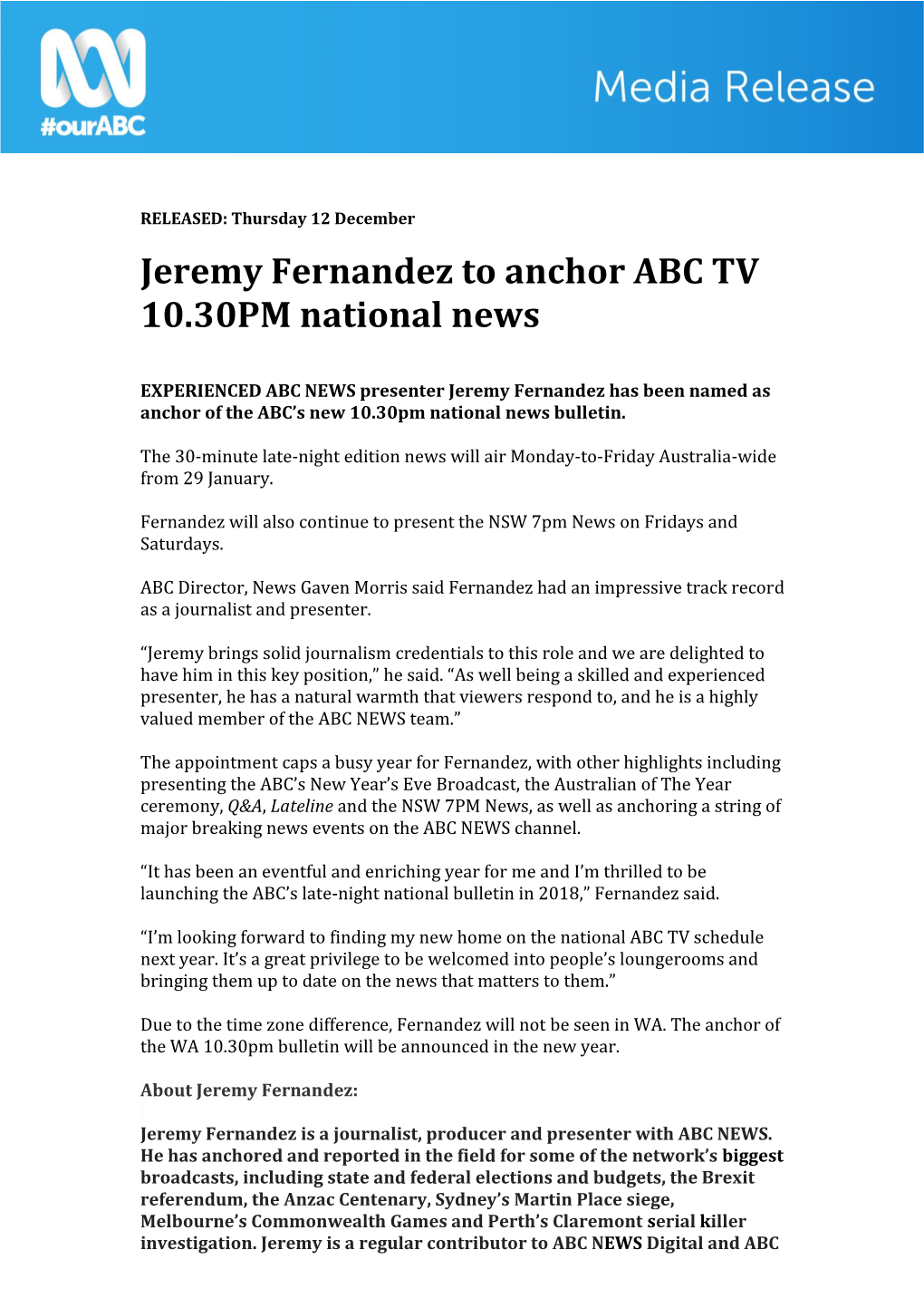 Jeremy Fernandez to Anchor ABC TV 10.30PM National News