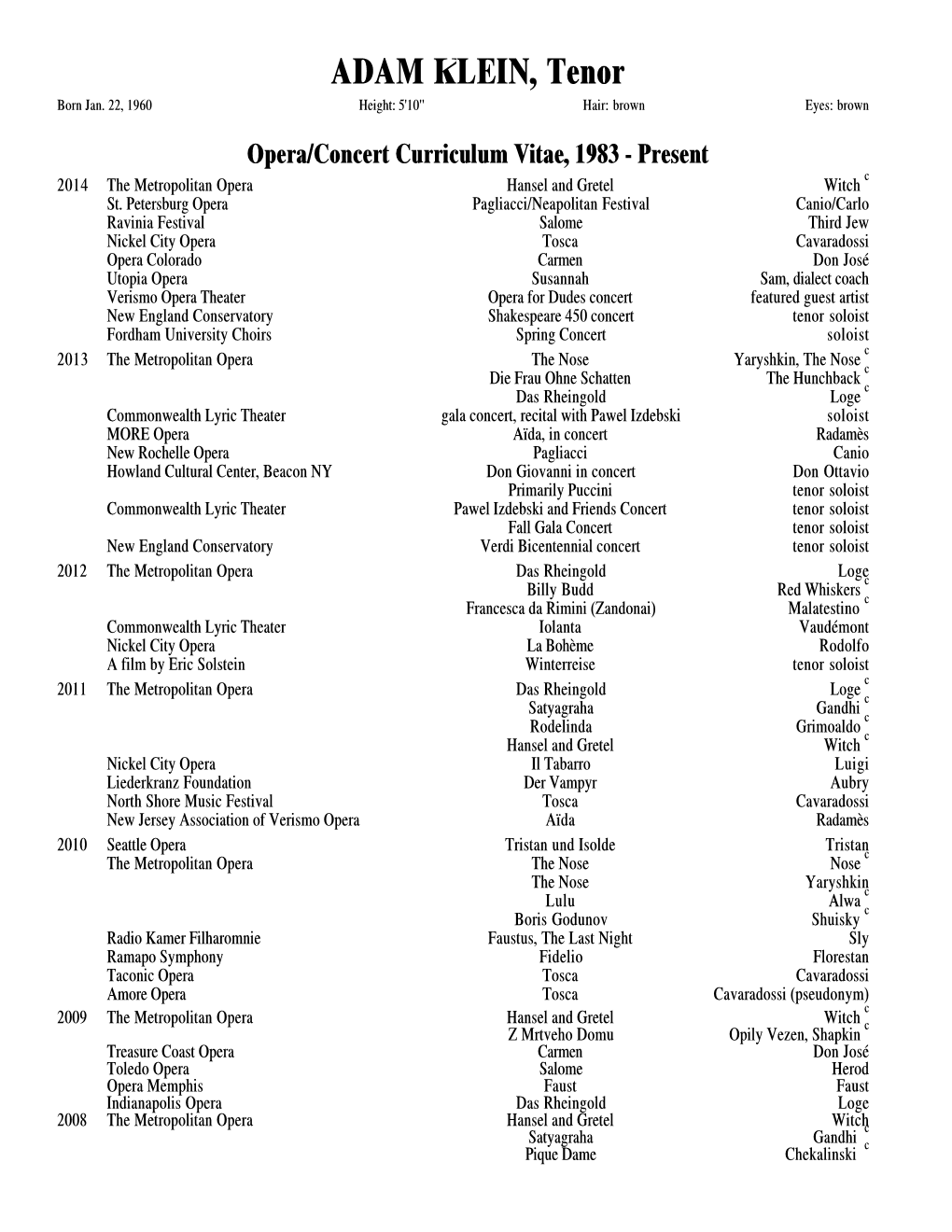 Opera/Concert Curriculum Vitae, 1983 - Present C 2014 the Metropolitan Opera Hansel and Gretel Witch St