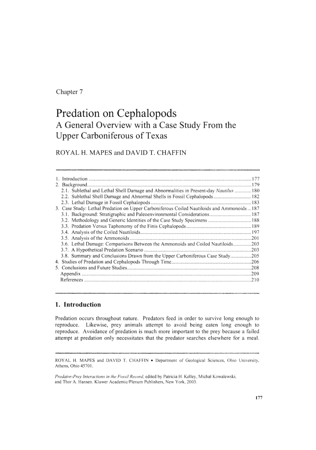 Predation on Cephalopods a General Overview with a Case Study from the Upper Carboniferous of Texas