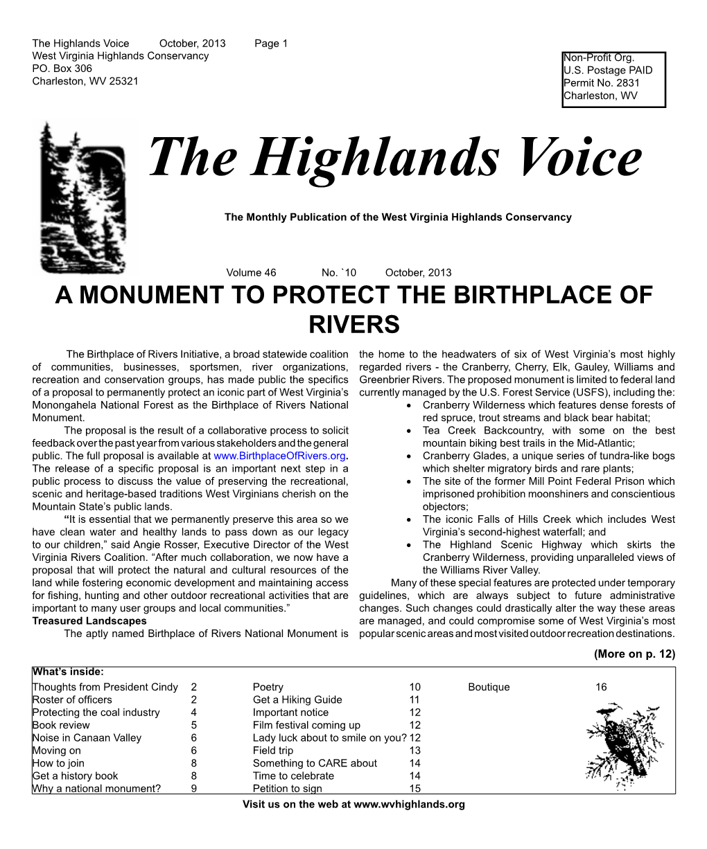 The Highlands Voice October, 2013 Page 1 West Virginia Highlands Conservancy Non-Profit Org
