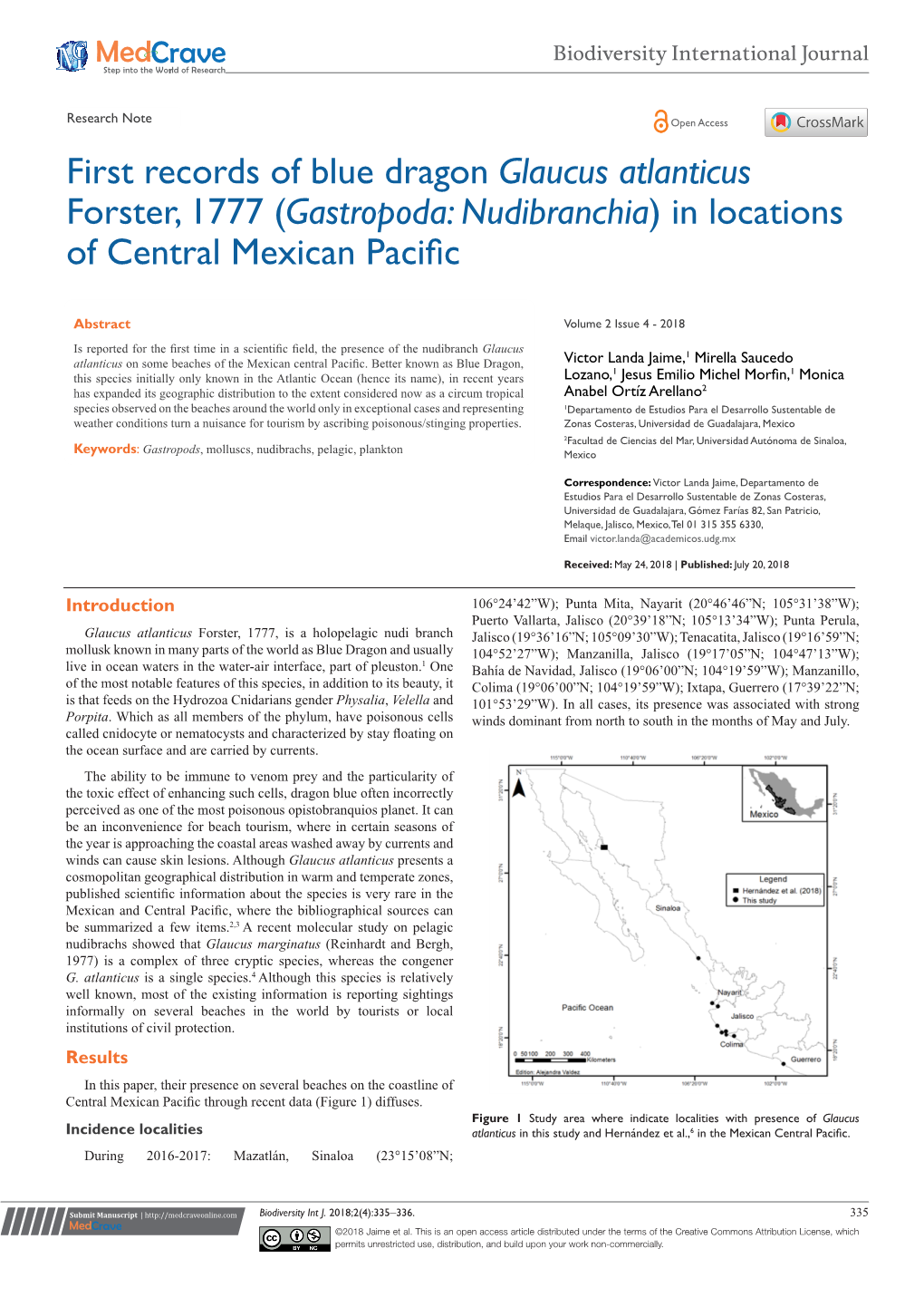 First Records of Blue Dragon Glaucus Atlanticus Forster, 1777 (Gastropoda: Nudibranchia) in Locations of Central Mexican Pacific