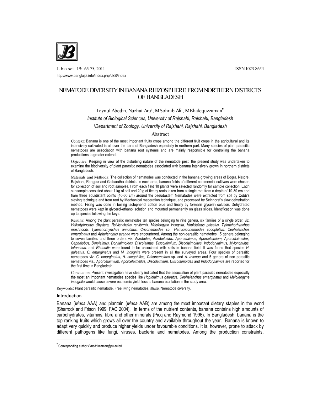 Nematode Diversity in Banana Rhizosphere from Northern Districts of Bangladesh