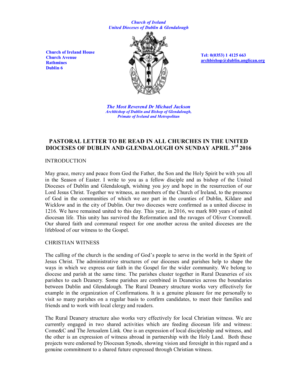 Arch Bishops Pastoral Letter Sunday April 3Rd 2016.Pdf