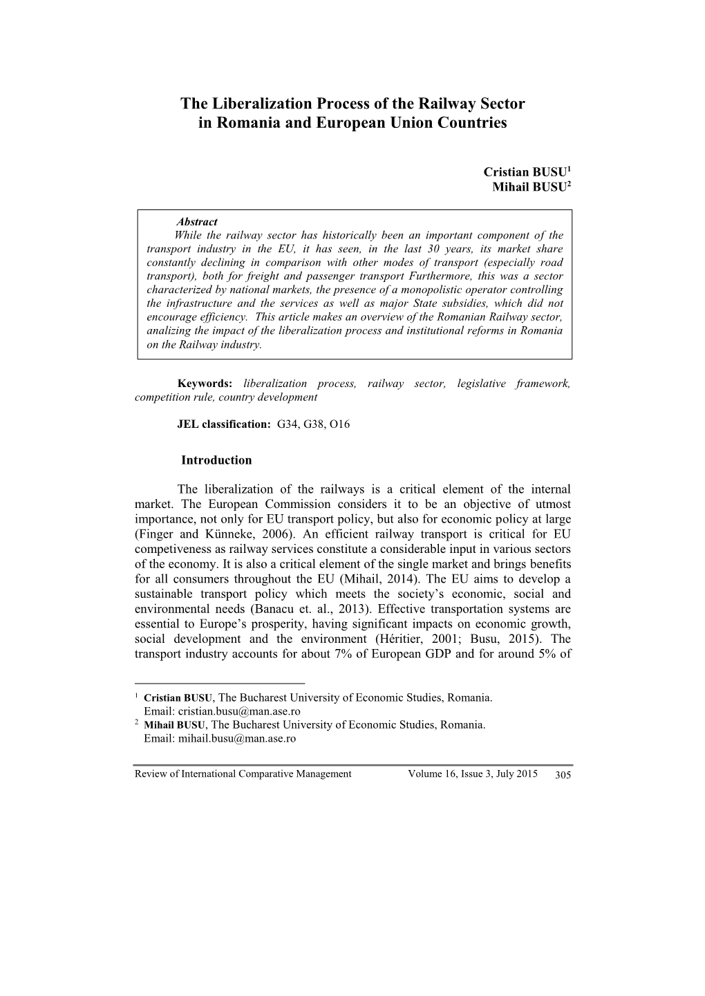 The Liberalization Process of the Railway Sector in Romania and European Union Countries