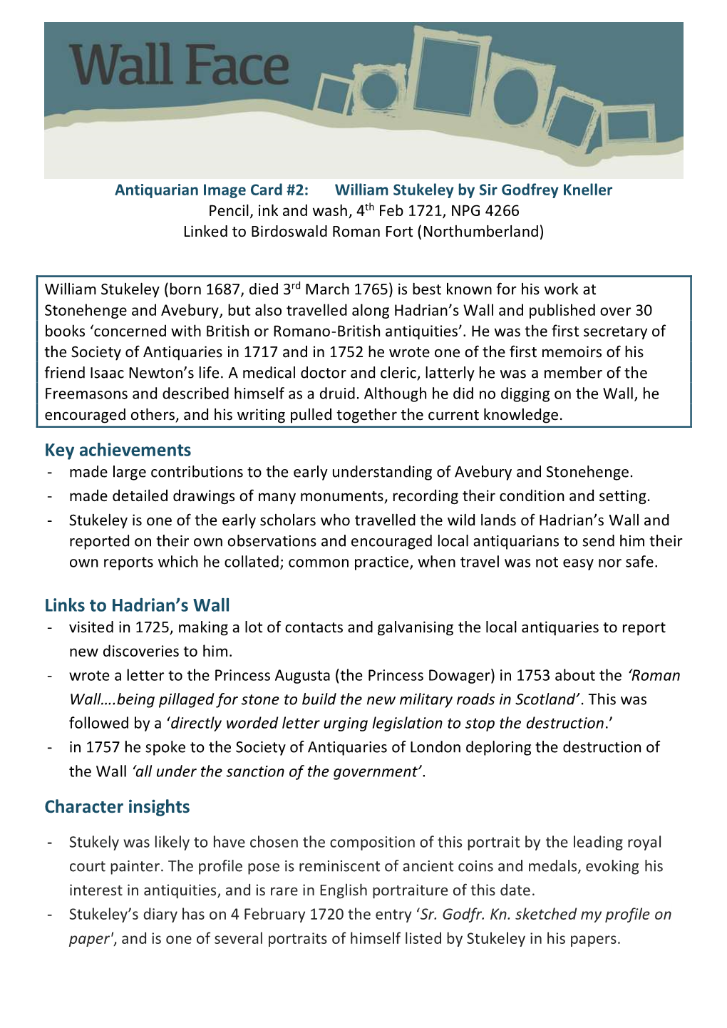 William Stukeley by Sir Godfrey Kneller Pencil, Ink and Wash, 4Th Feb 1721, NPG 4266 Linked to Birdoswald Roman Fort (Northumberland)