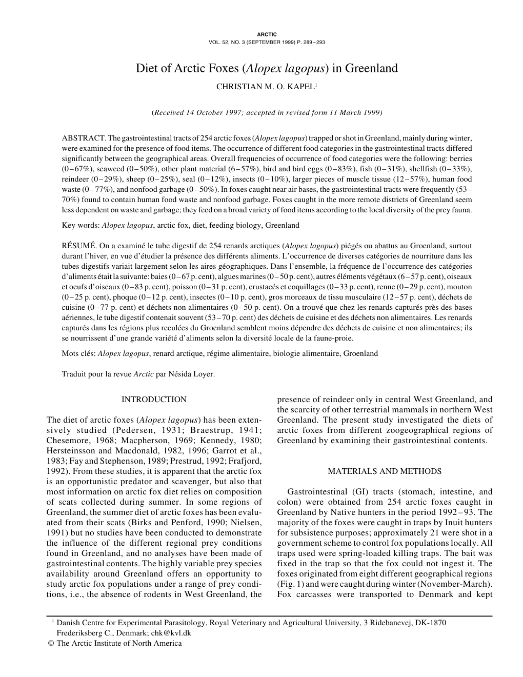 Diet of Arctic Foxes (Alopex Lagopus) in Greenland CHRISTIAN M