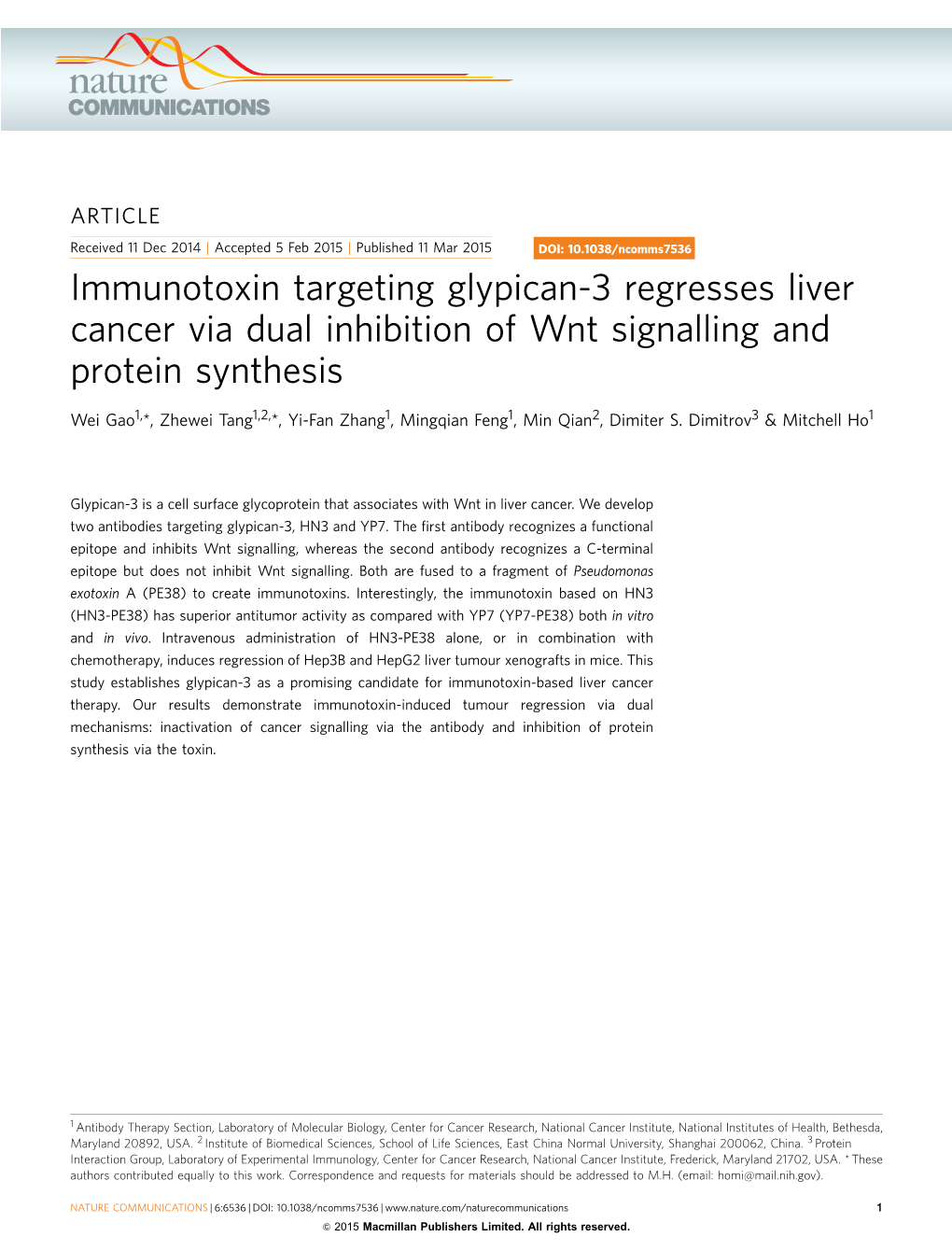 Immunotoxin Targeting Glypican-3 Regresses Liver Cancer Via Dual Inhibition of Wnt Signalling and Protein Synthesis