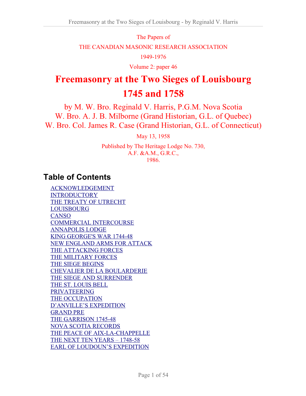 Freemasonry at the Two Sieges of Louisbourg 1745 and 1758 by M