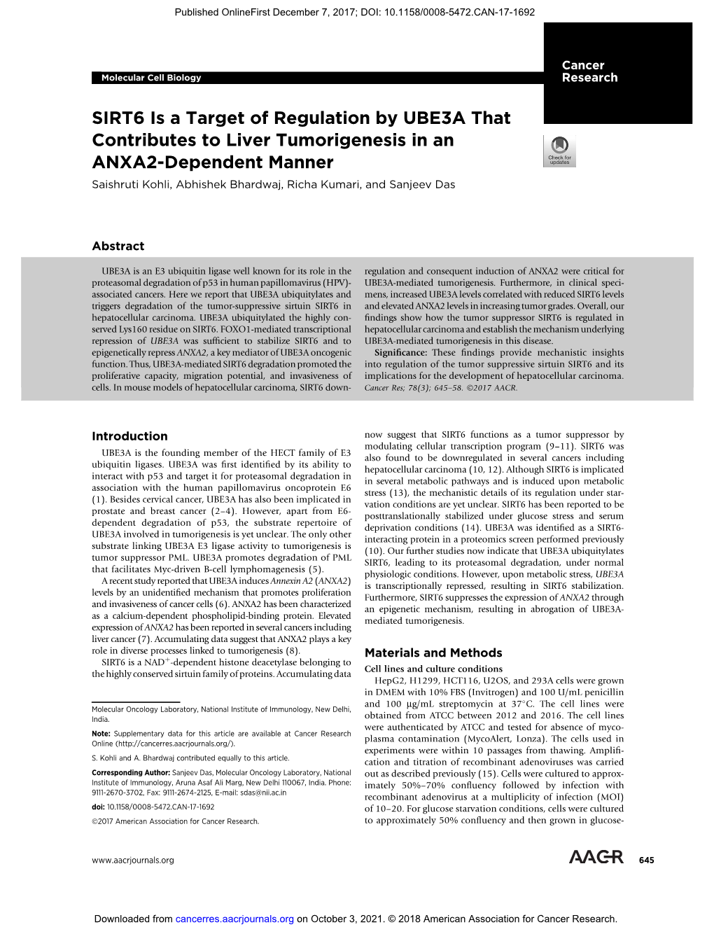 SIRT6 Is a Target of Regulation by UBE3A That Contributes to Liver