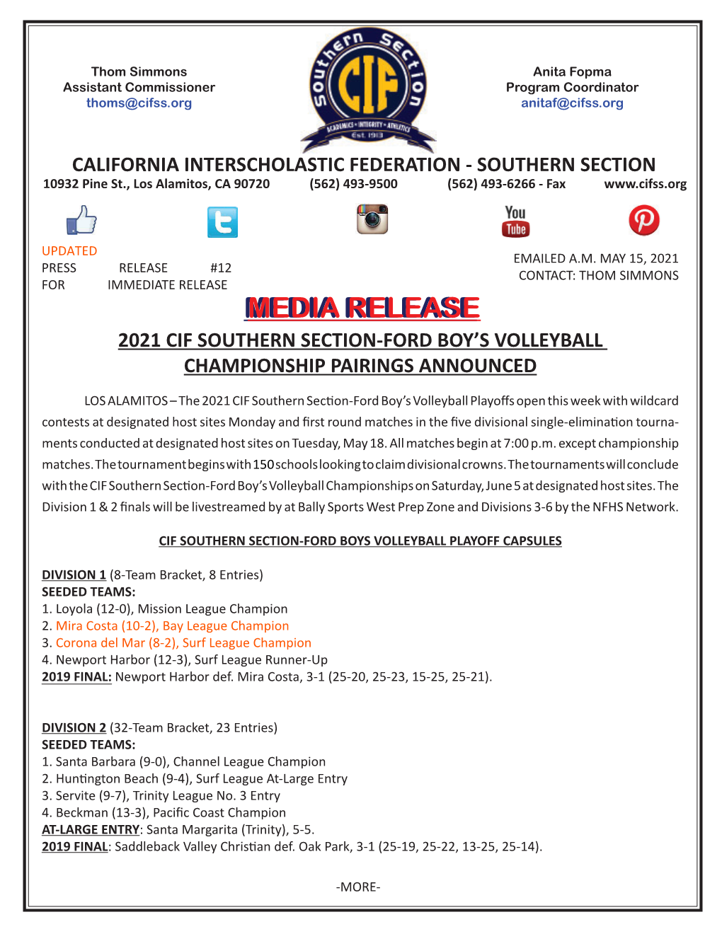 Media Releaserelease 2021 Cif Southern Section-Ford Boy’S Volleyball Championship Pairings Announced