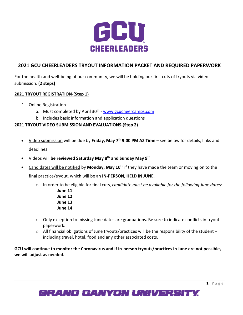 2021 Gcu Cheerleaders Tryout Information Packet and Required Paperwork