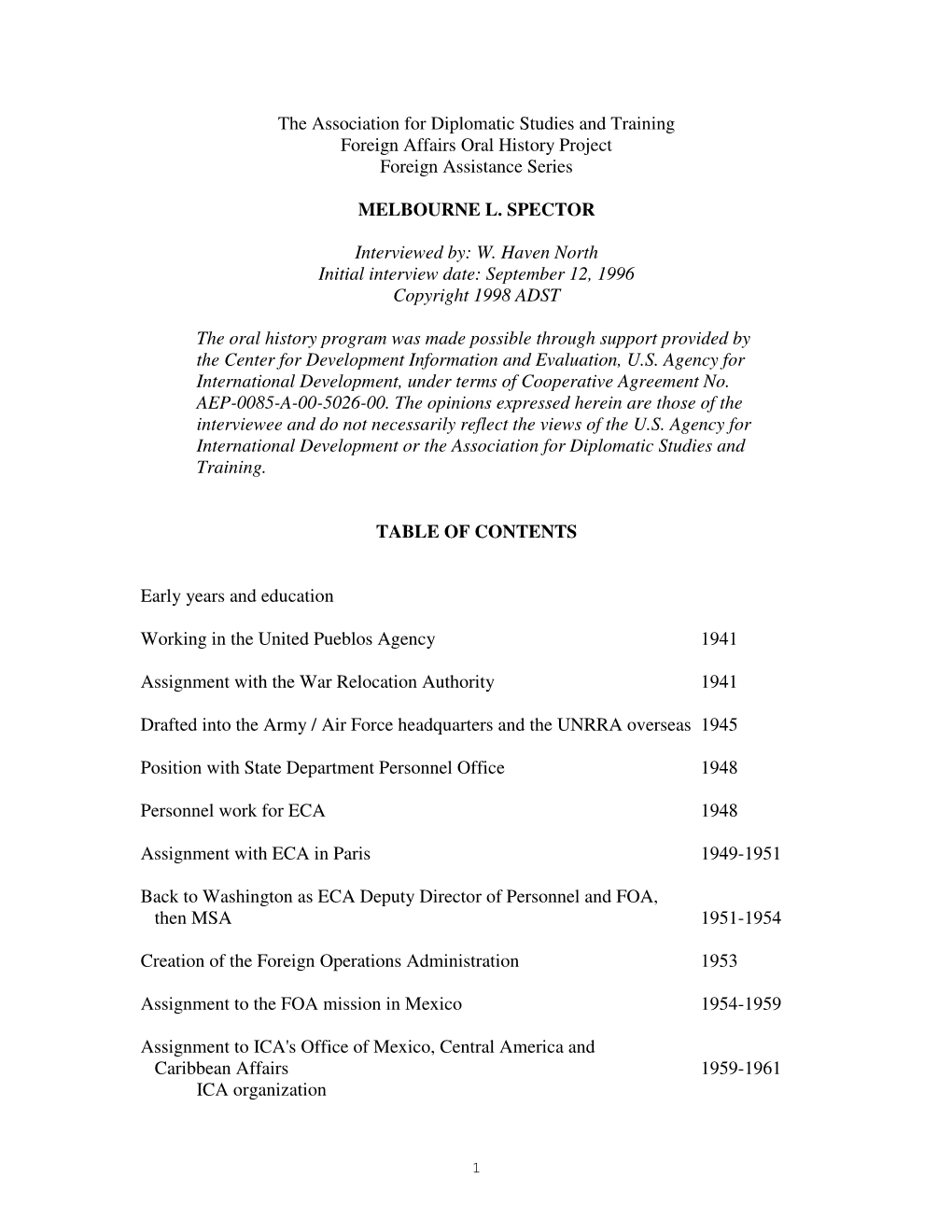 The Association for Diplomatic Studies and Training Foreign Affairs Oral History Project Foreign Assistance Series