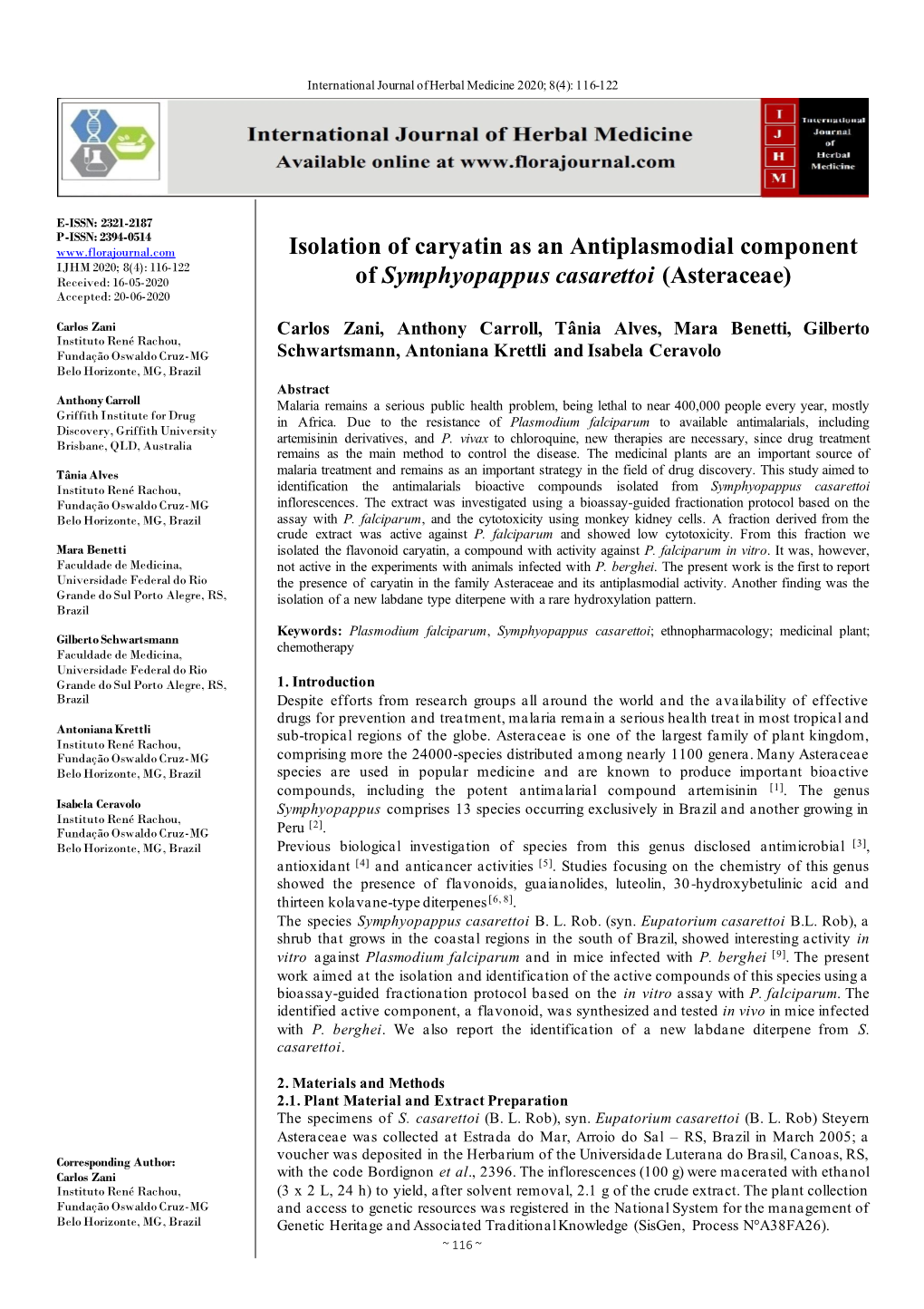 Isolation of Caryatin As an Antiplasmodial Component Of