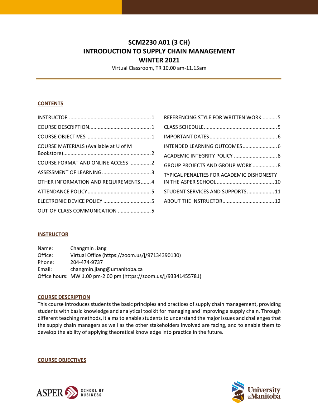 INTRODUCTION to SUPPLY CHAIN MANAGEMENT WINTER 2021 Virtual Classroom, TR 10.00 Am-11.15Am