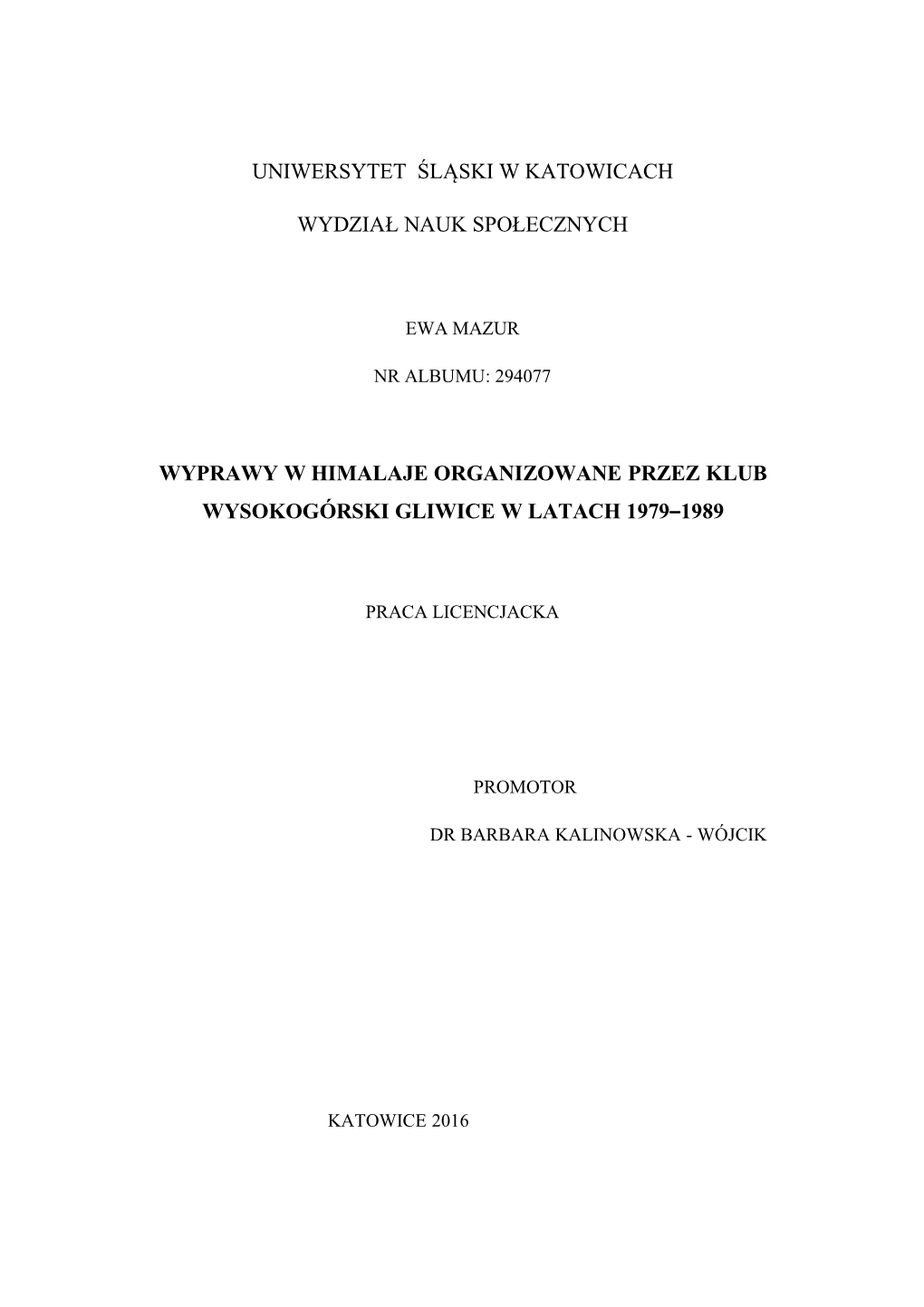 Uniwersytet Śląski W Katowicach Wydział Nauk