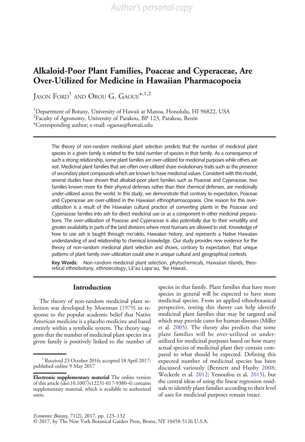 Alkaloid-Poor Plant Families, Poaceae and Cyperaceae, Are Over-Utilized for Medicine in Hawaiian Pharmacopoeia