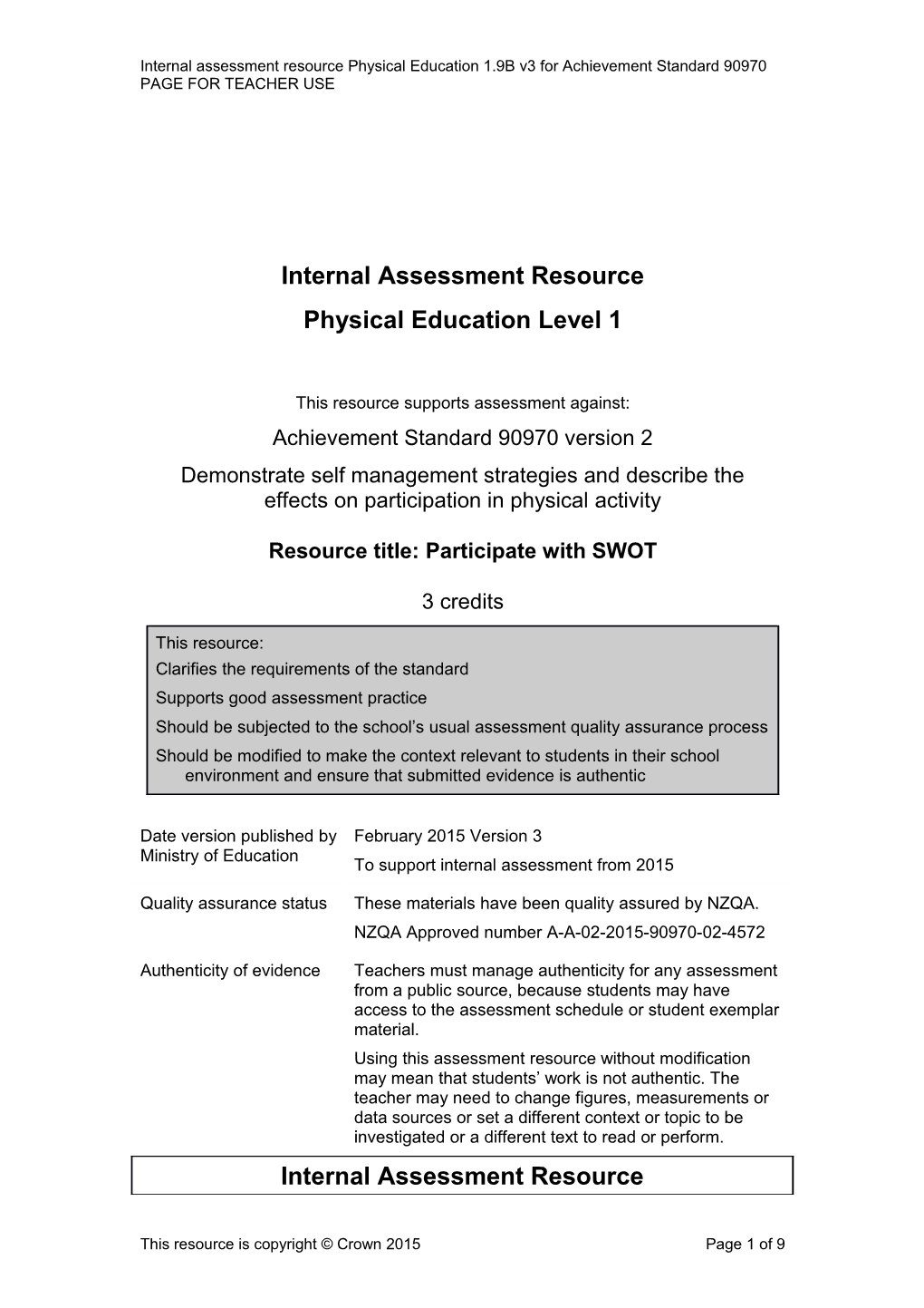 Level 1 Physical Education Internal Assessment Resource