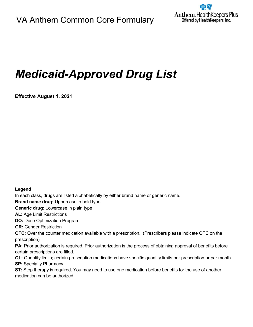 VA Anthem Common Core Formulary