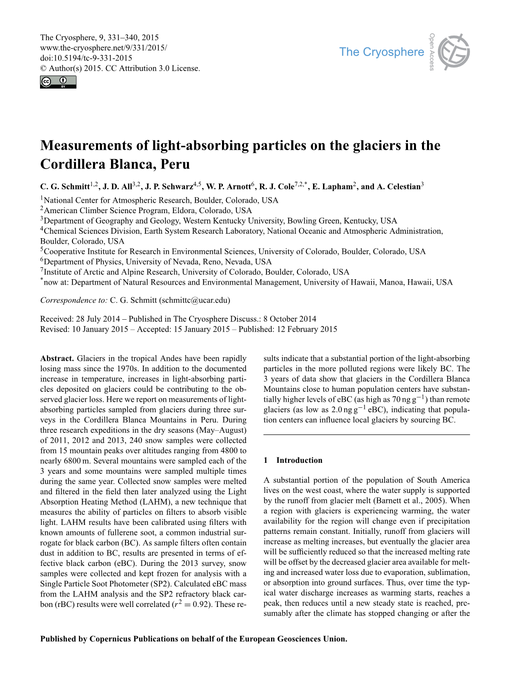 Measurements of Light-Absorbing Particles on the Glaciers in the Cordillera Blanca, Peru