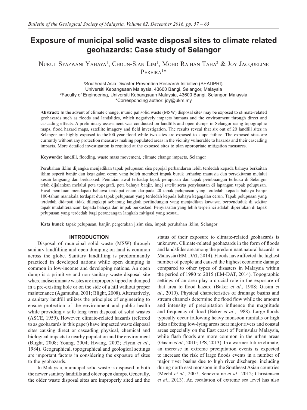 Exposure of Municipal Solid Waste Disposal Sites to Climate Related Geohazards: Case Study of Selangor