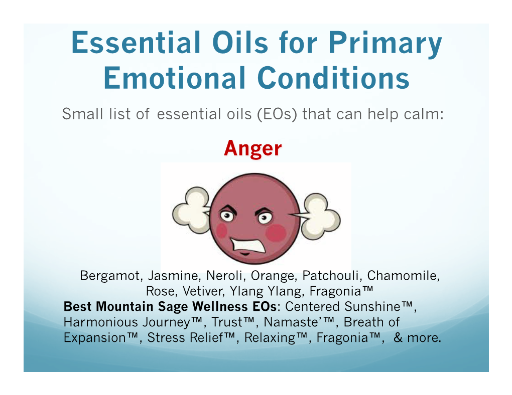 Essential Oils for Primary Emotional Conditions Small List of Essential Oils (Eos) That Can Help Calm: Anger