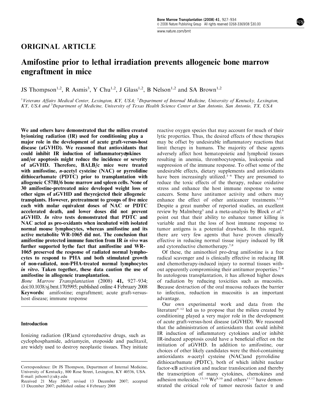 Amifostine Prior to Lethal Irradiation Prevents Allogeneic Bone Marrow Engraftment in Mice