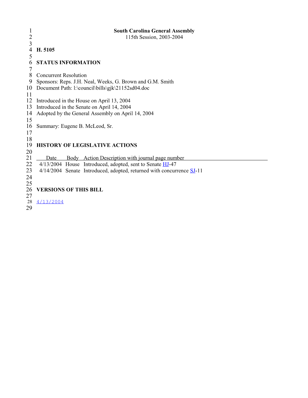 2003-2004 Bill 5105: Eugene B. Mcleod, Sr. - South Carolina Legislature Online