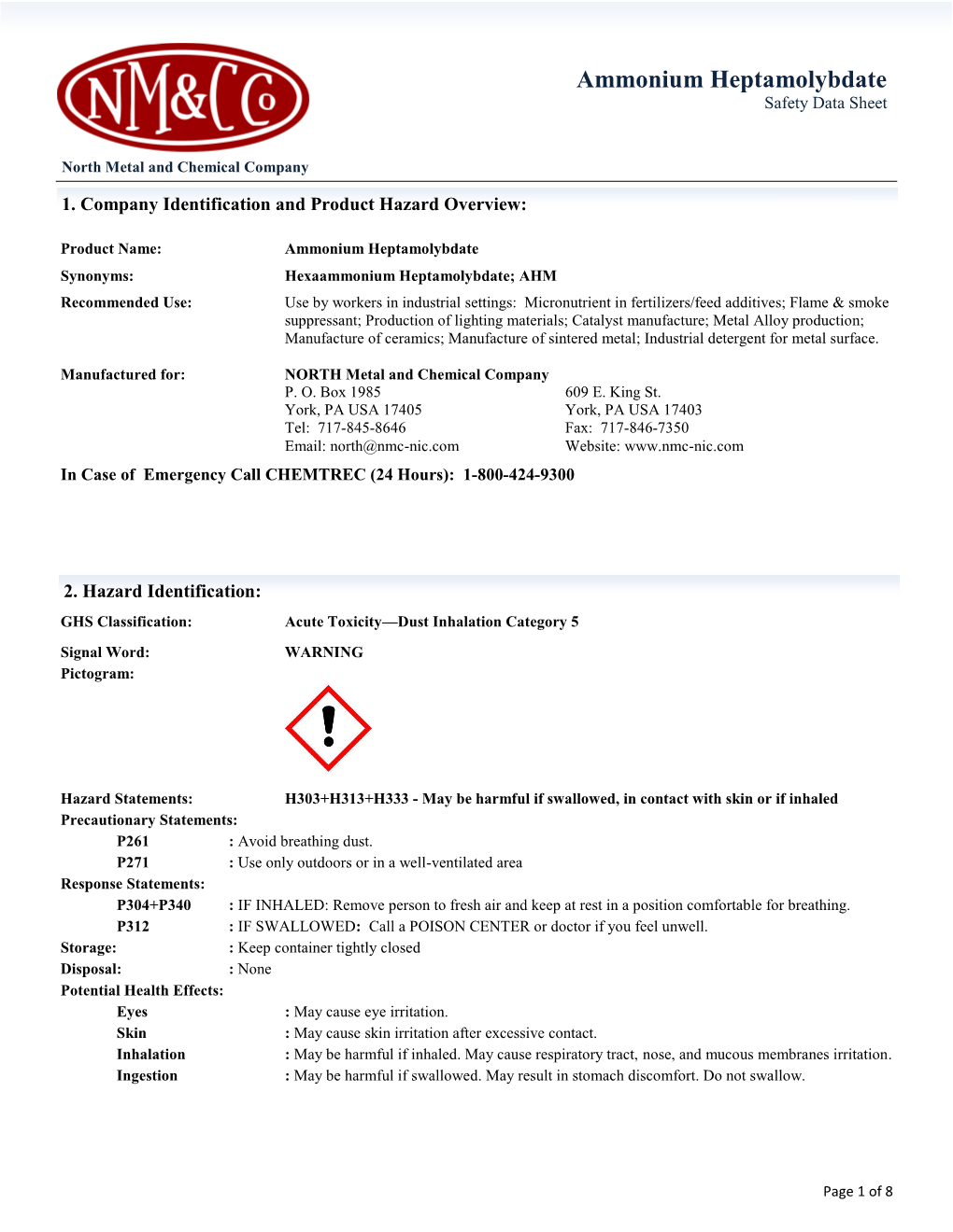 Ammonium Heptamolybdate Safety Data Sheet