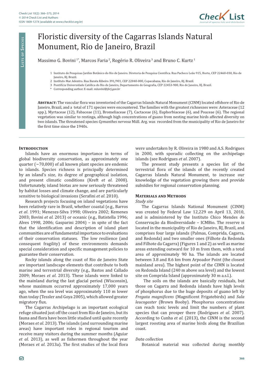 Chec List Floristic Diversity of the Cagarras Islands Natural