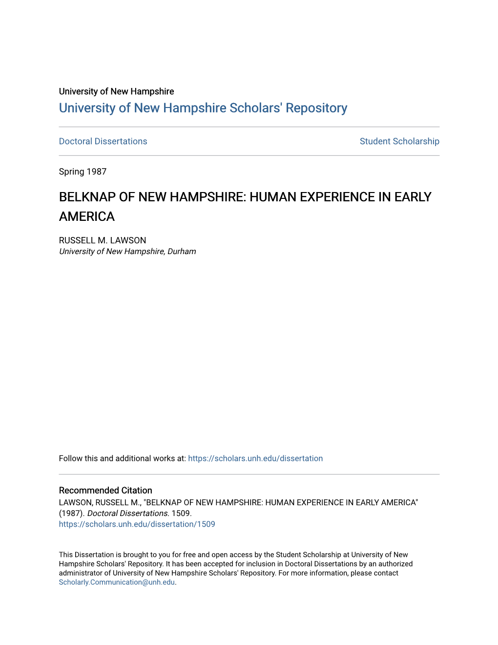 Belknap of New Hampshire: Human Experience in Early America