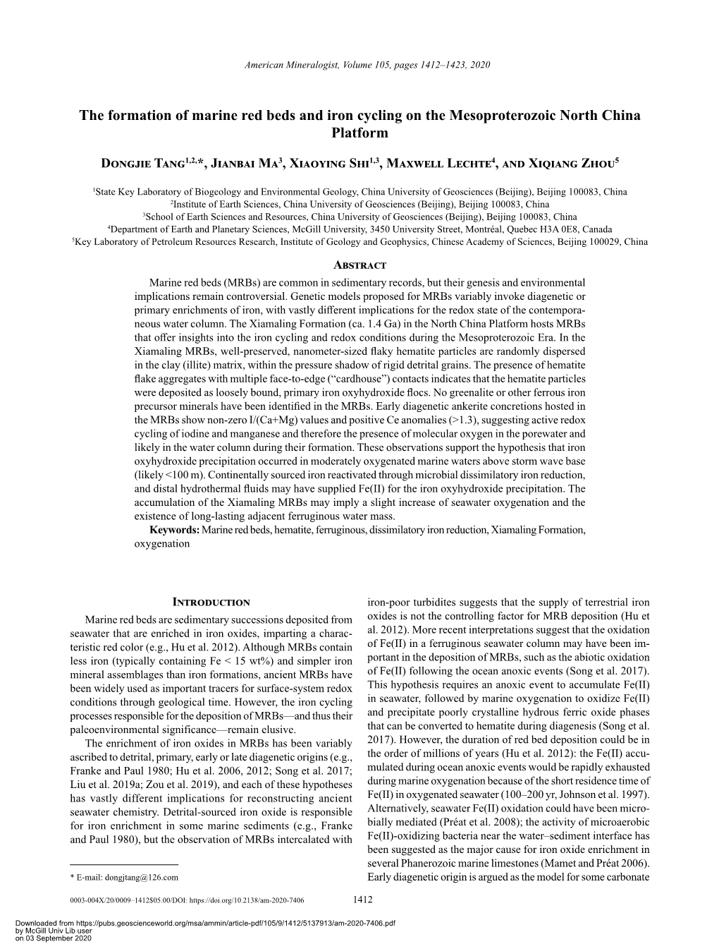 The Formation of Marine Red Beds and Iron Cycling on the Mesoproterozoic North China Platform