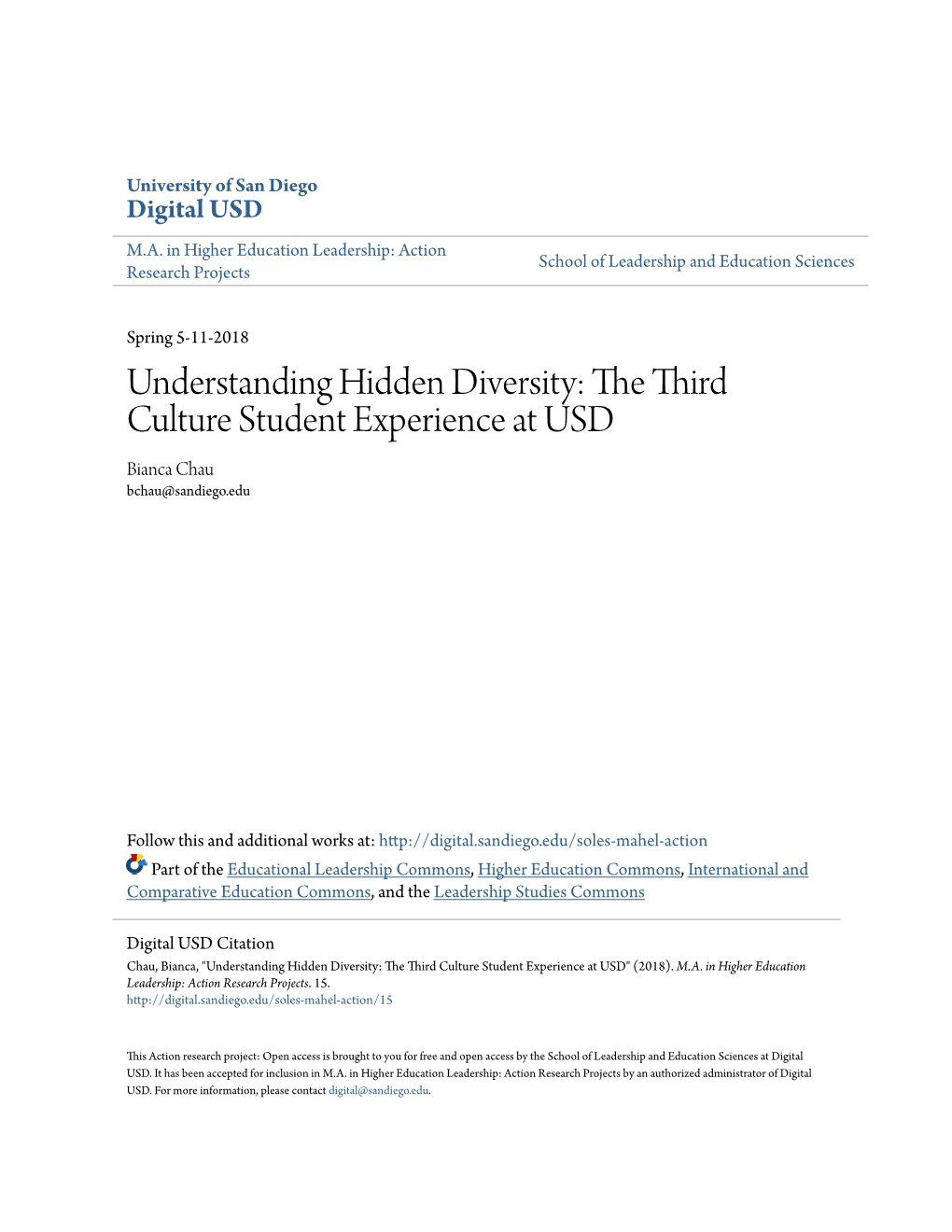 Understanding Hidden Diversity: the Third Culture Student Experience at USD Bianca Chau Bchau@Sandiego.Edu