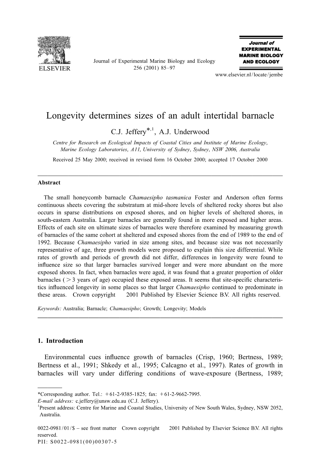 Longevity Determines Sizes of an Adult Intertidal Barnacle