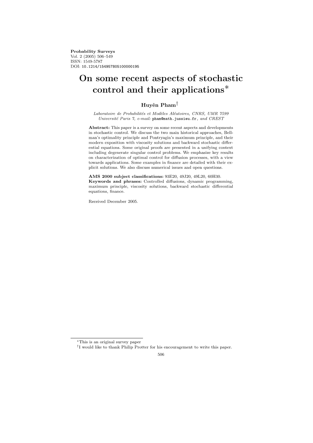 On Some Recent Aspects of Stochastic Control and Their Applications∗