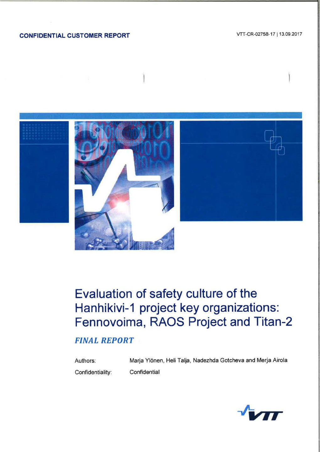 Evaluation of Safety Culture of the Hanhikivi-1 Project Key Organizations: Fennovoima, RAOS Project and Titan-2