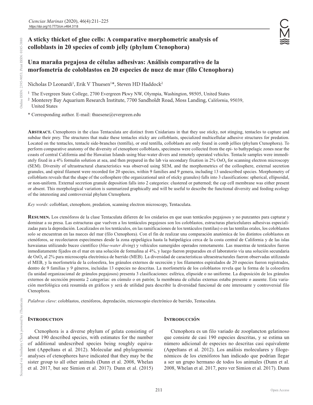 A Sticky Thicket of Glue Cells: a Comparative Morphometric Analysis of Colloblasts in 20 Species of Comb Jelly (Phylum Ctenophora)