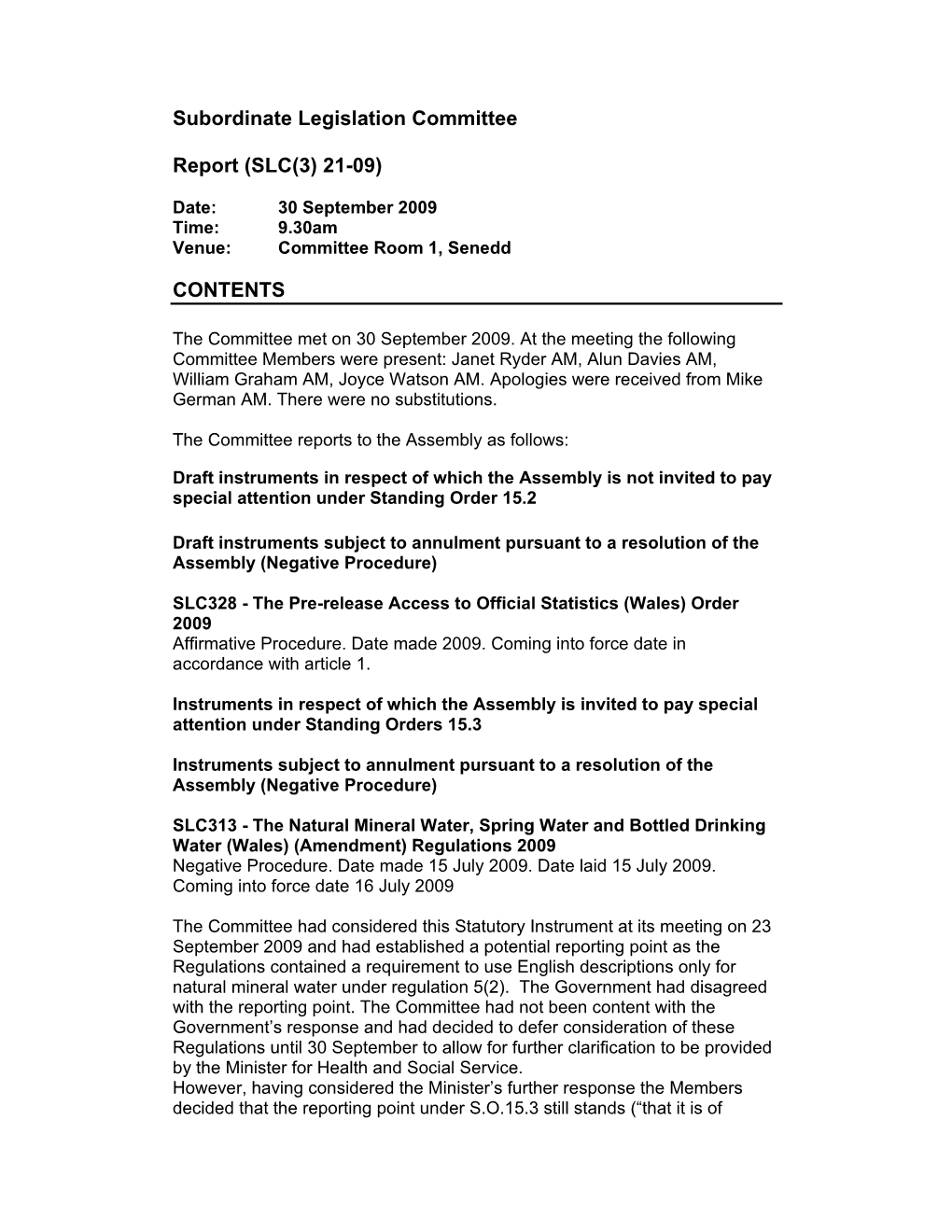 Subordinate Legislation Committee Report (SLC(3) 21-09
