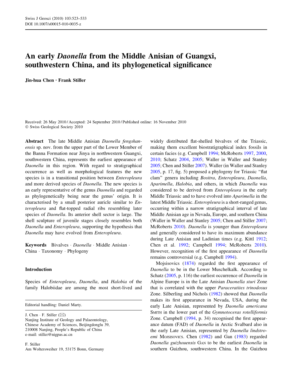 An Early Daonella from the Middle Anisian of Guangxi, Southwestern China, and Its Phylogenetical Signiﬁcance